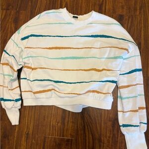 Roxy Striped Cropped Crewneck Sweatshirt - White with Teal, Aqua & Camel Stripes